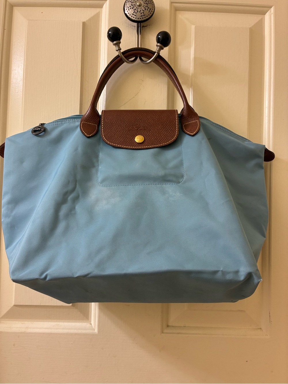 Longchamp Le Pliage Medium Tote in Light Blue with Russian Brown Leather Trim